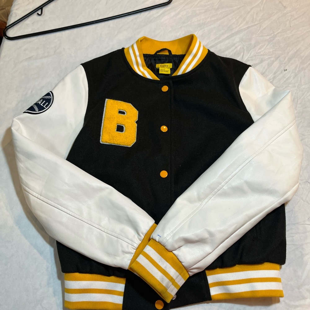 Daisy Women’s Black and White Jacket with Yellow Accents varsity size medium